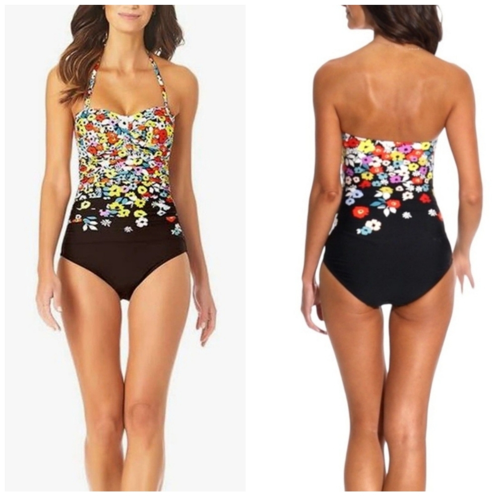 Anne Cole Twist Front Floral Flattering One Piece Swimsuit.